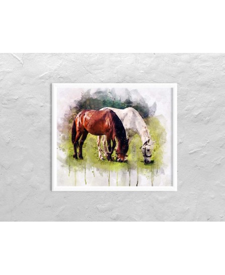 Grazing horses - watercolor painting Grazing horses - watercolor painting