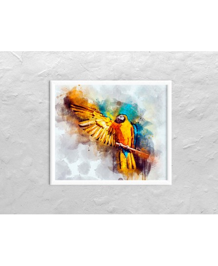 Papagal macaw galben-albastru - pictură în acuarelă